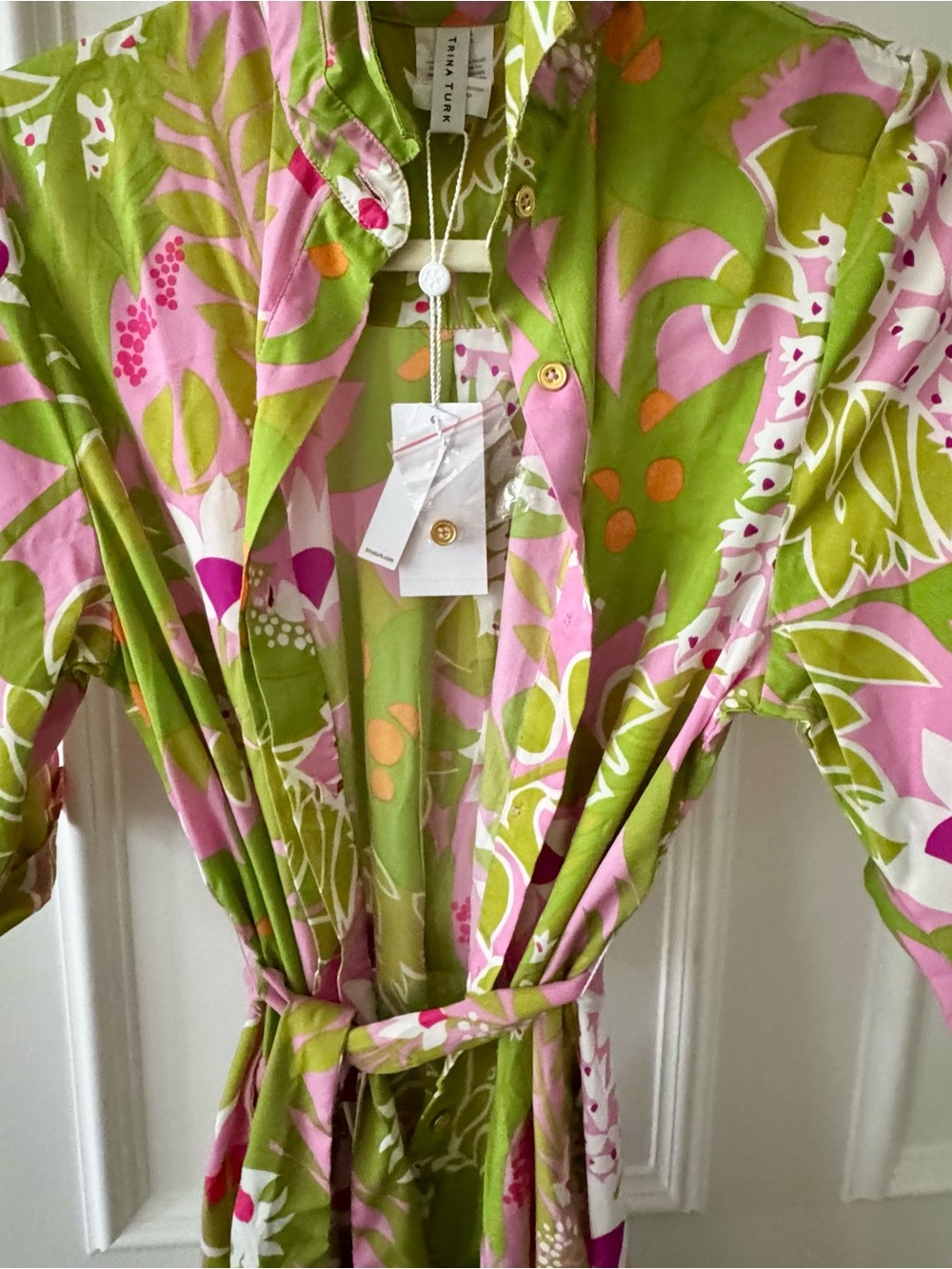 Trina Turk Pink & Lime Floral Button-Front Tie Dress Swim Coverup